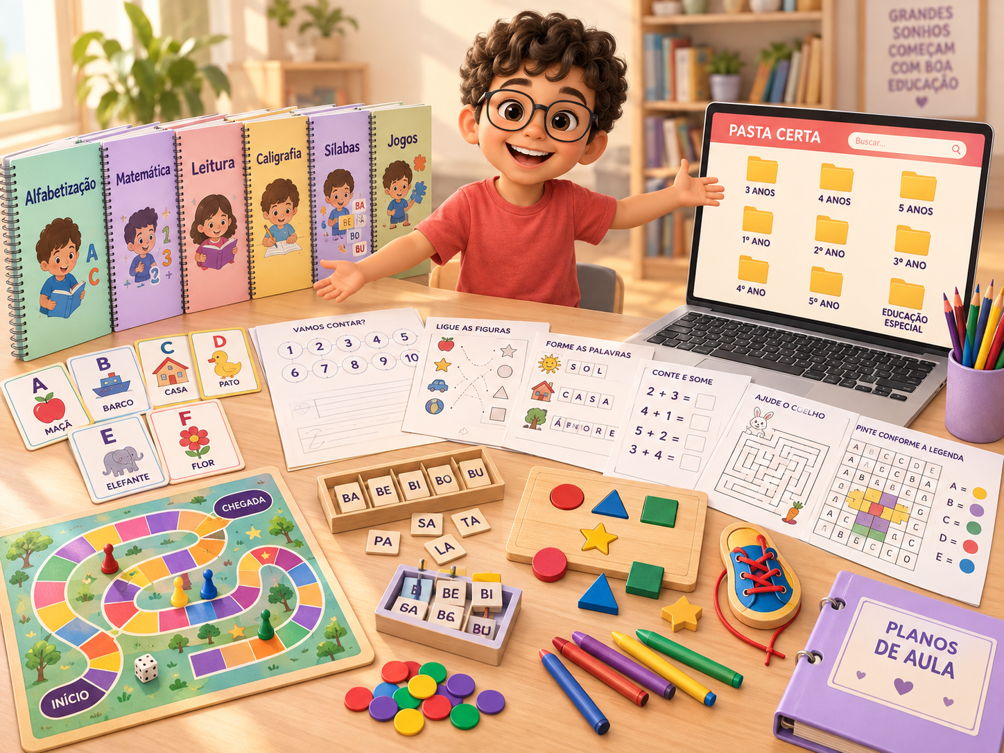 Criança apresentando os materiais educativos e a organização da Pasta Certa